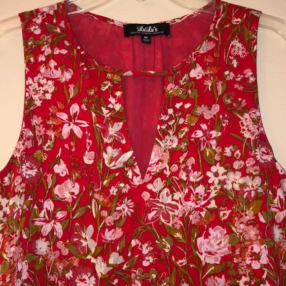 Lulu’s Red Sleeveless Floral Ruffle Dress Medium - Picture 2 of 6